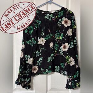 H&M Women’s Size 14 Black and Green Floral Long Sleeve Blouse